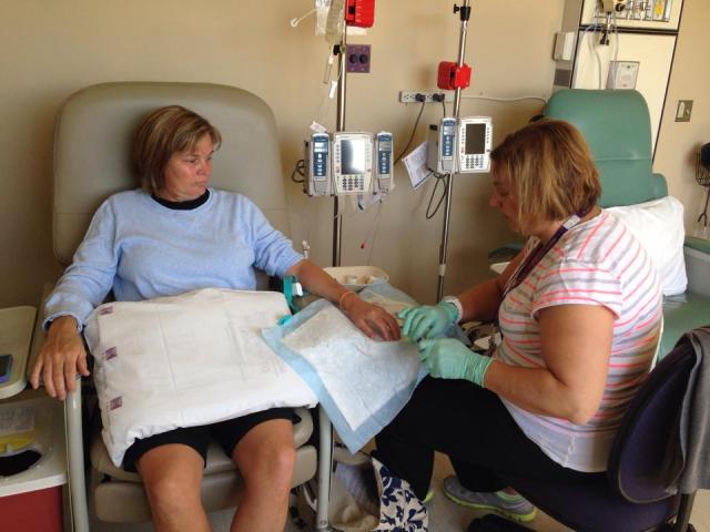 Getting set up for day 1. Chemo this day takes 5 hours. She's in the hospital from about 9am - 4pm. 