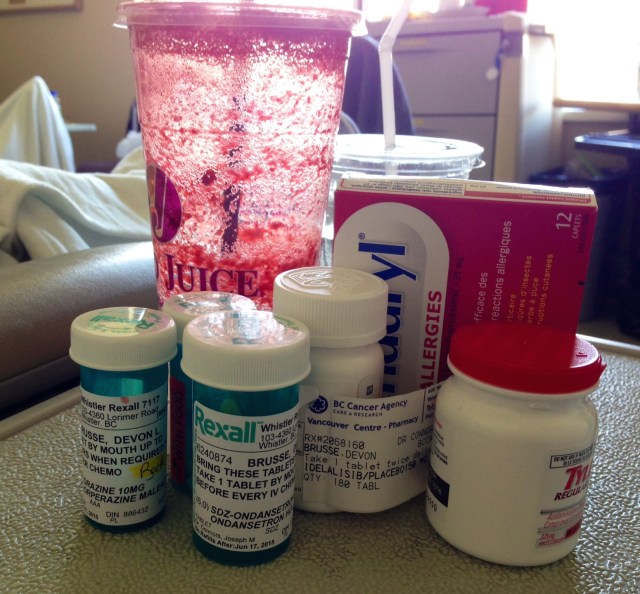 Chemo cocktails to take home. Thank you, Tara Drury, for the refreshing drink. And Thank you, Debbie Blucke, for delivering it.