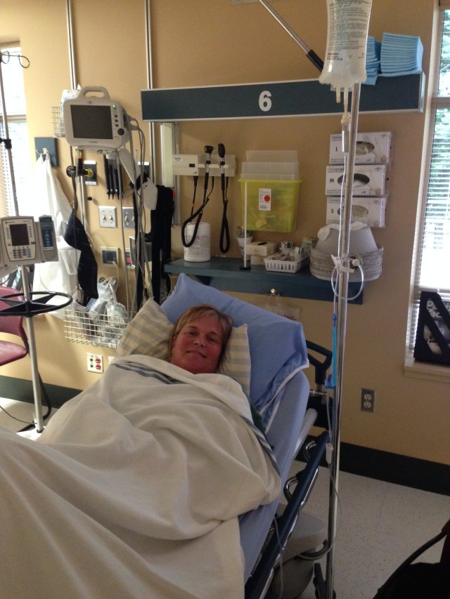Devon in the Whistler clinic after an allergic reaction - hopefully NOT to her chemo drugs.